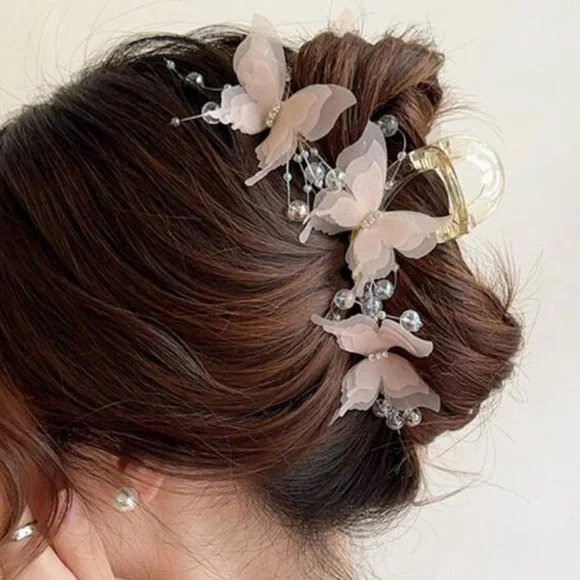 Pink Butterfly Fabric Ornate Hair Claw - Picture 2 of 3